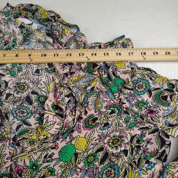 Boden Ruffle Neck Blouse Womens US 12 Pink Floral Lemon Lime Print - Picture 12 of 14